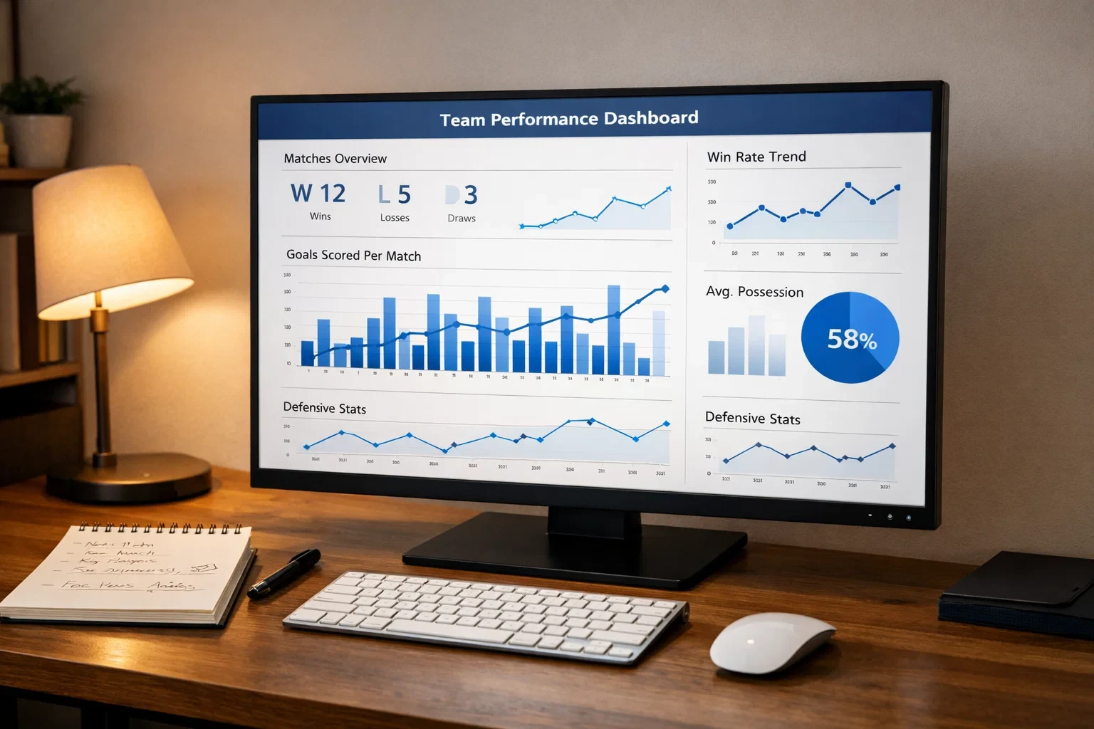 Analista deportivo revisando datos de equipos en pantalla de ordenador con estadísticas