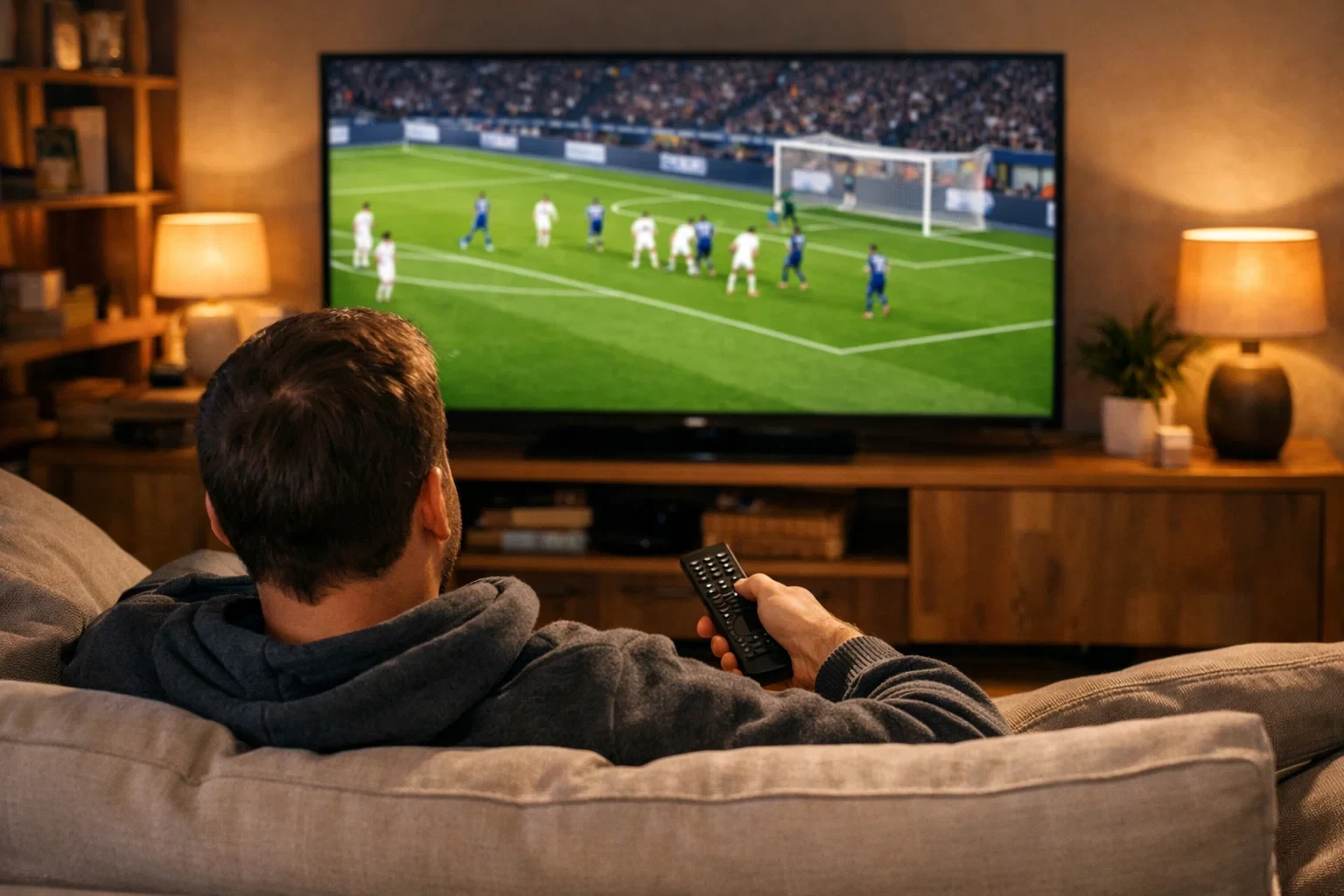 Aficionado viendo partido de fútbol en televisión desde el sofá de su casa