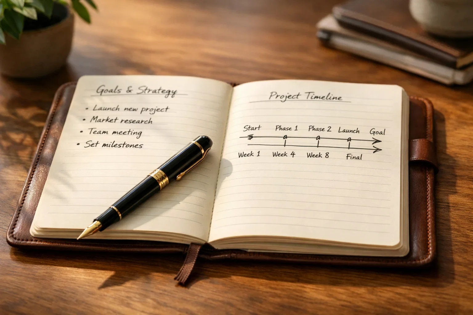 Cuaderno de notas con planificación de apuestas y bolígrafo sobre escritorio de madera