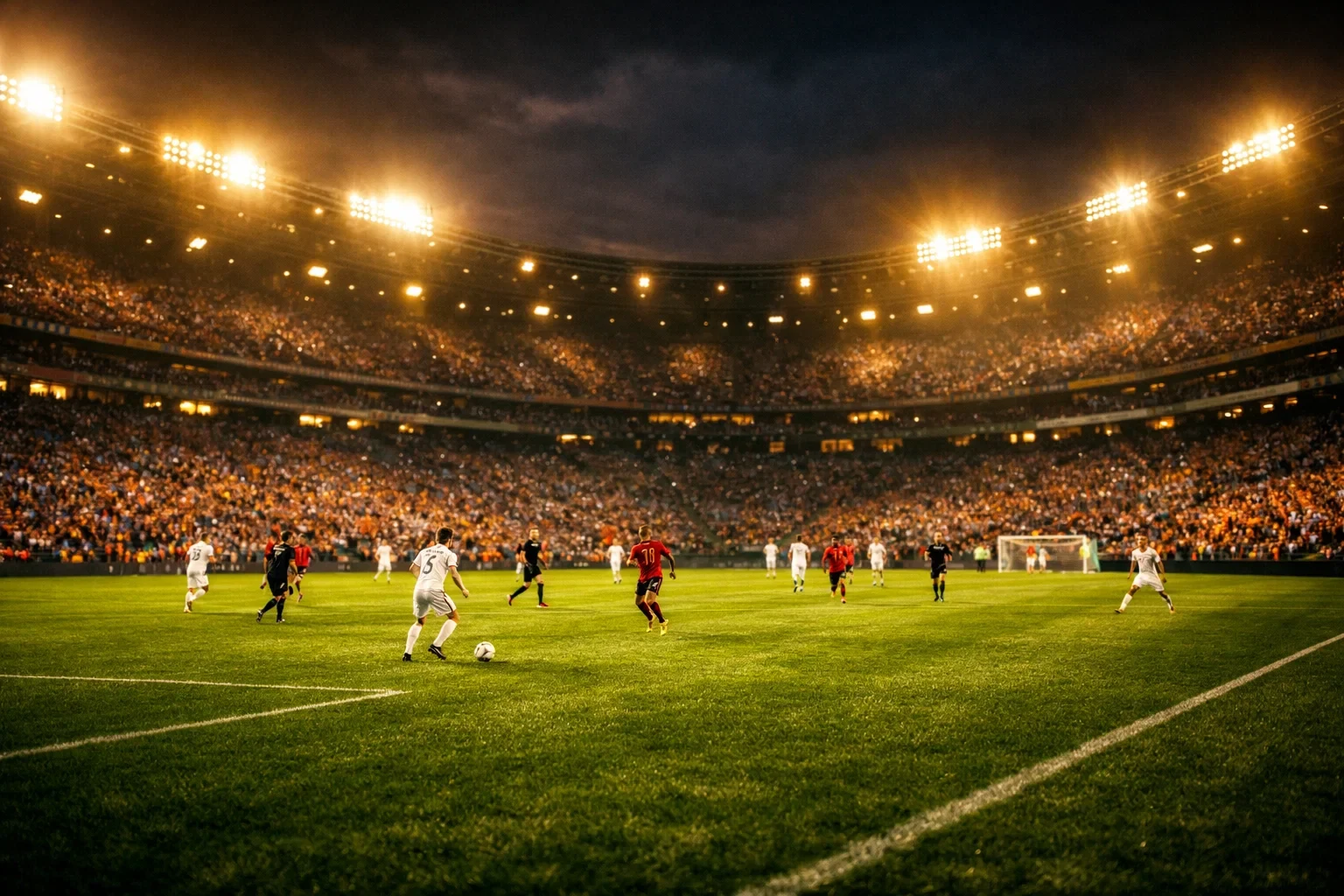 Estadio de fútbol iluminado durante un partido nocturno con aficionados en las gradas