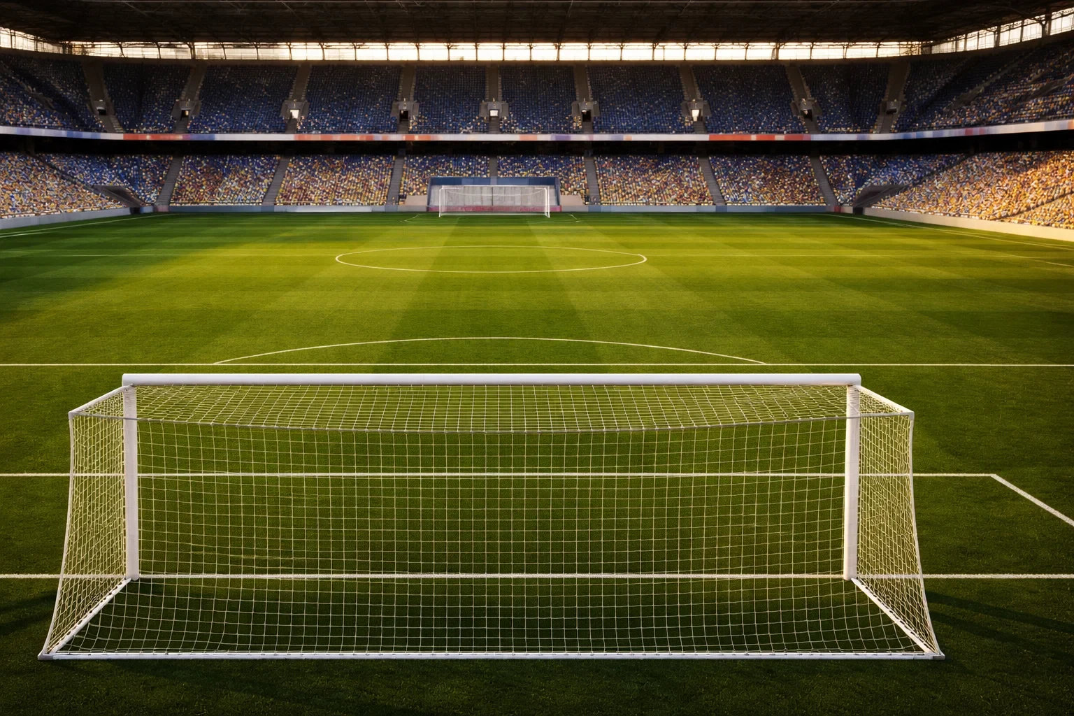 Campo de fútbol profesional con césped verde perfectamente cortado visto desde la grada