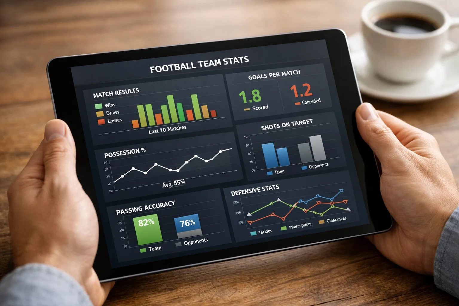 Persona analizando estadísticas de fútbol en una tablet con gráficos de rendimiento