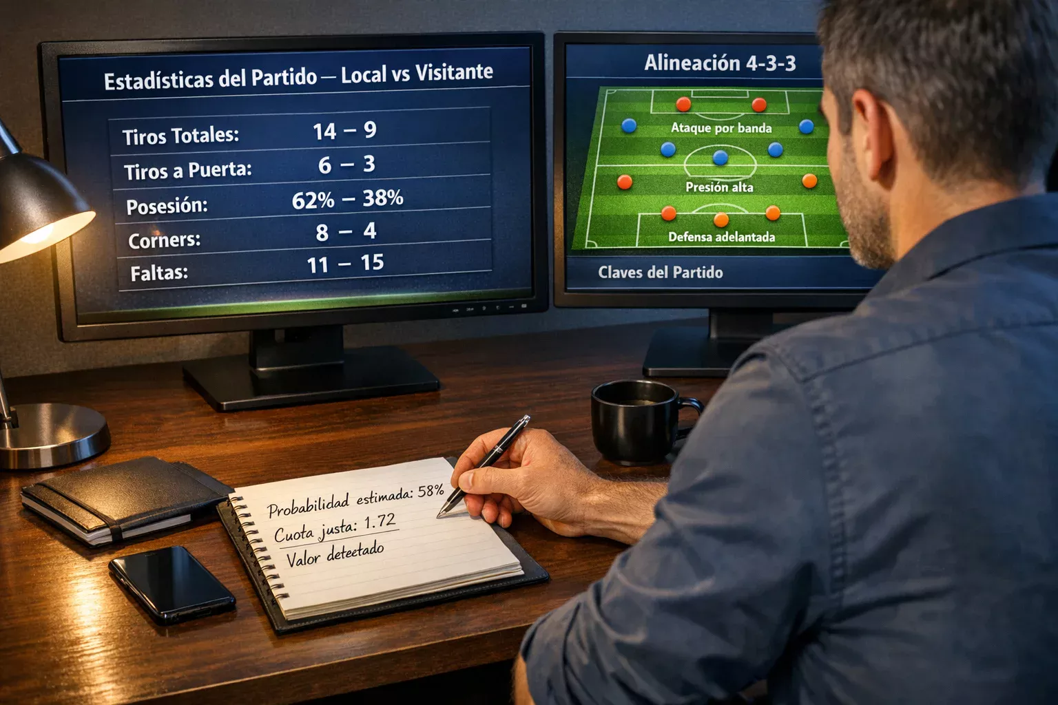 Analista deportivo revisando estadísticas de fútbol en múltiples pantallas