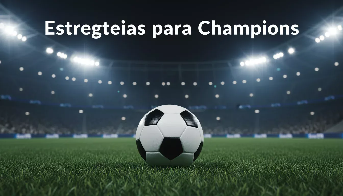 Balón de fútbol sobre césped con focos de un gran estadio europeo iluminando la noche