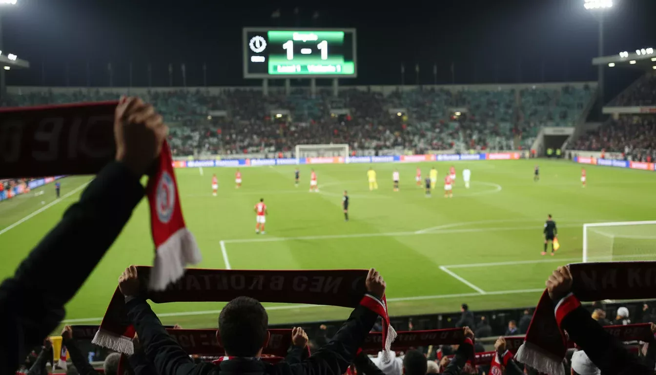 Marcador de fútbol mostrando un empate 1-1 en un estadio iluminado