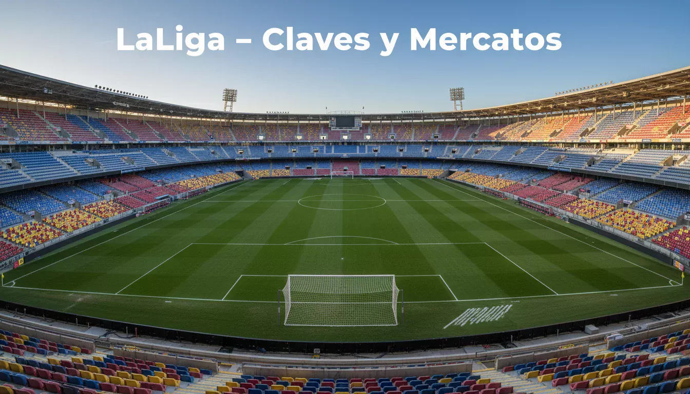 Vista panorámica de un estadio de fútbol español con césped verde bajo el sol de la tarde