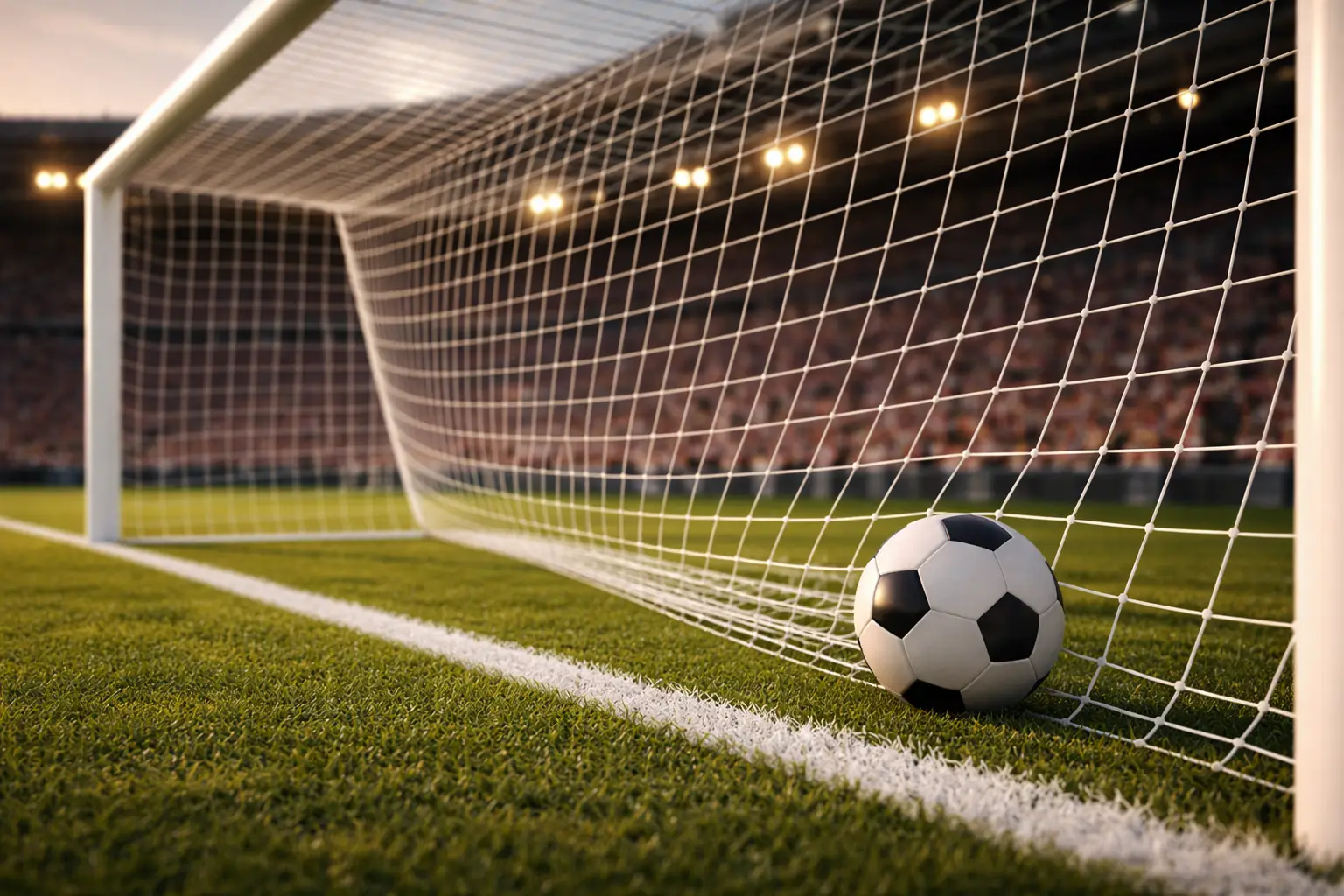 Red de portería de fútbol con un balón entrando tras un disparo potente