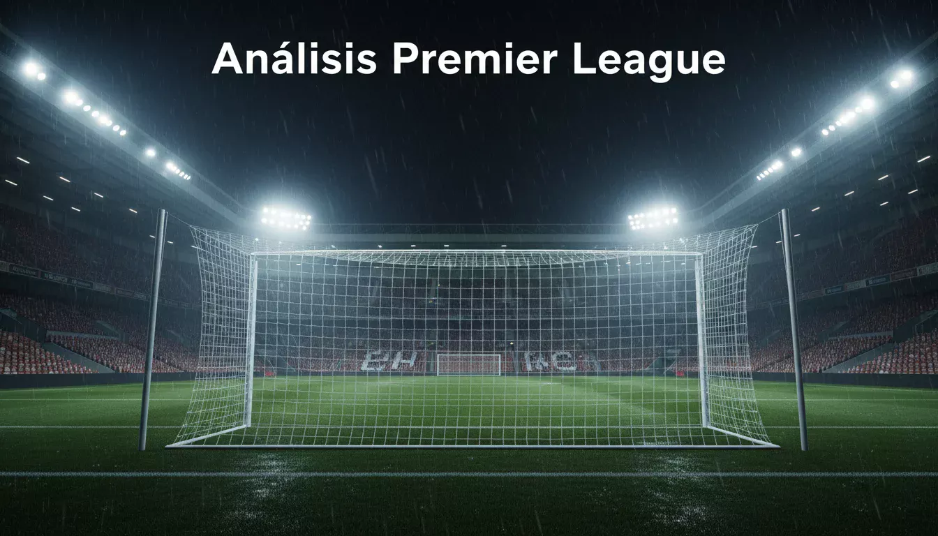 Estadio de fútbol inglés bajo lluvia con césped brillante e iluminación artificial intensa