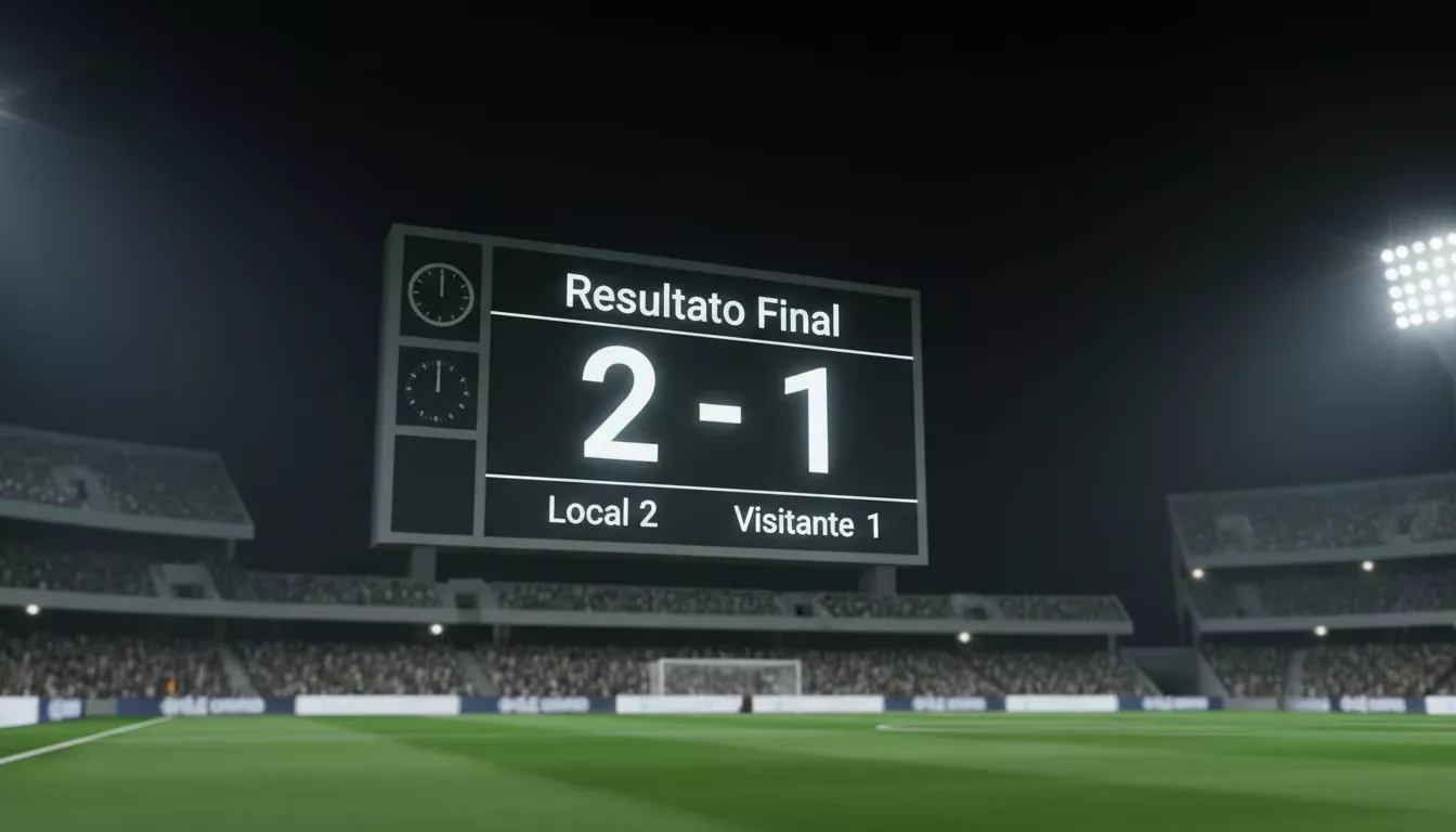 Marcador electrónico de un estadio de fútbol mostrando un resultado ajustado