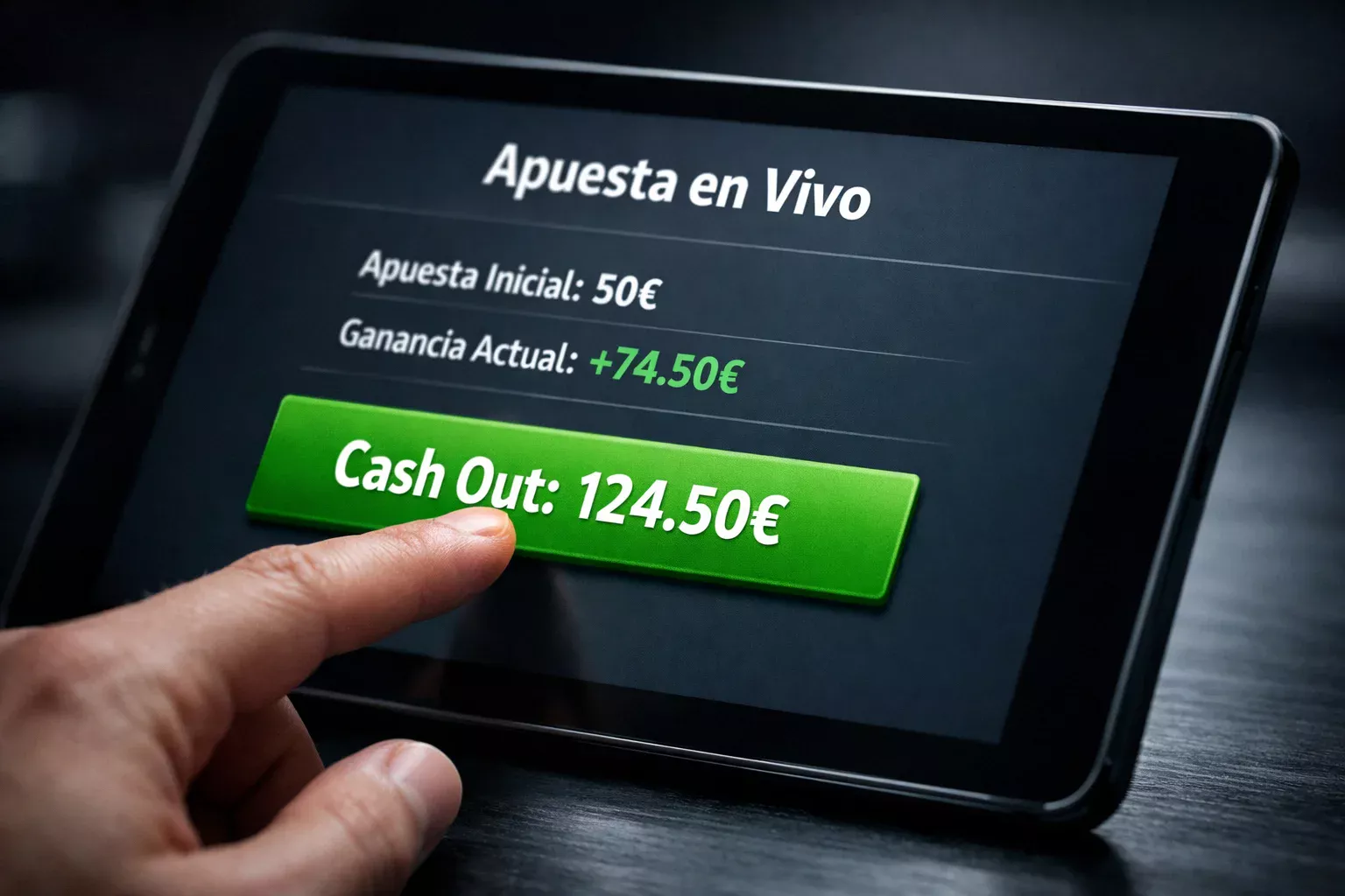 Dedo a punto de pulsar un botón verde luminoso de cash out en una pantalla de apuestas