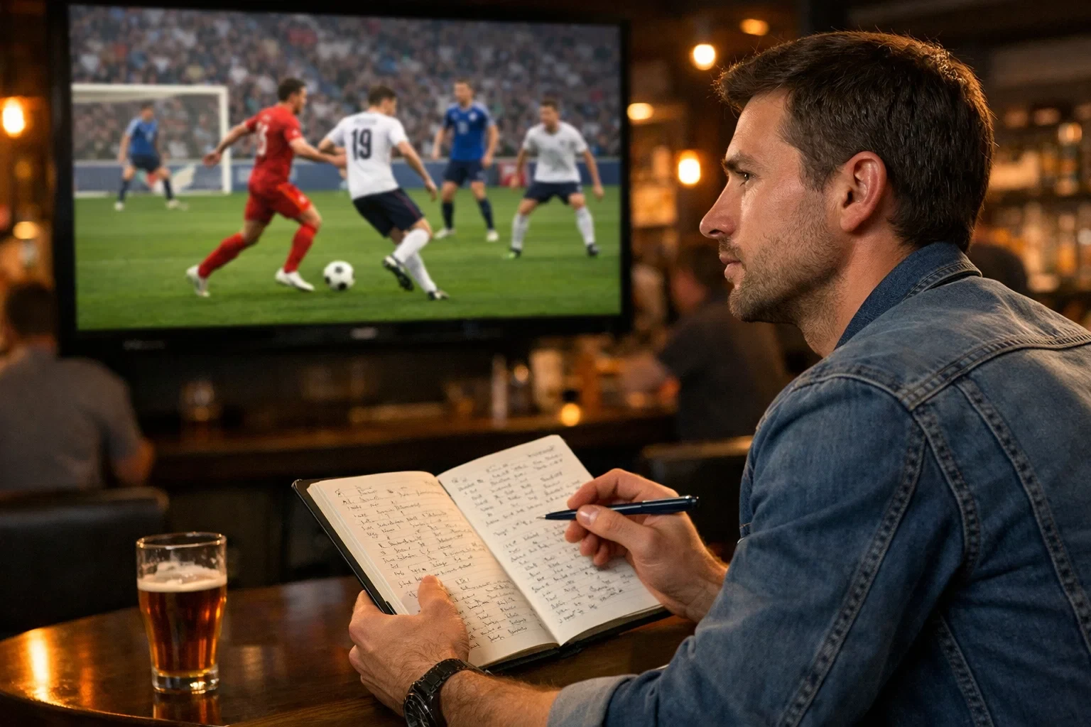 Estratega de apuestas de fútbol analizando partido en estadio