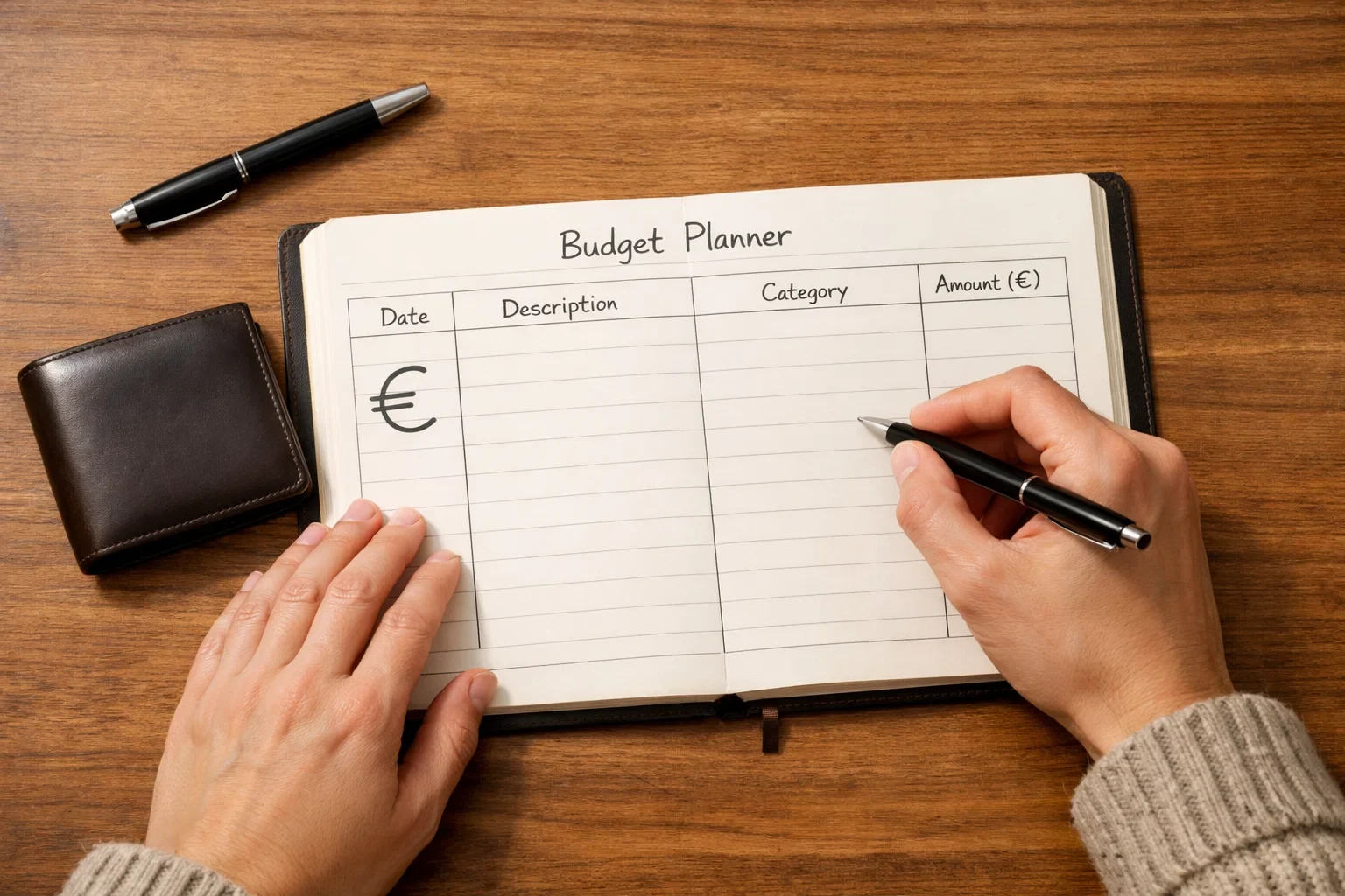 Persona planificando presupuesto con libreta y símbolo euro