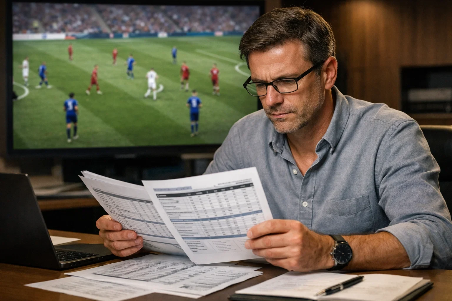 Analista de fútbol estudiando estadísticas de un partido