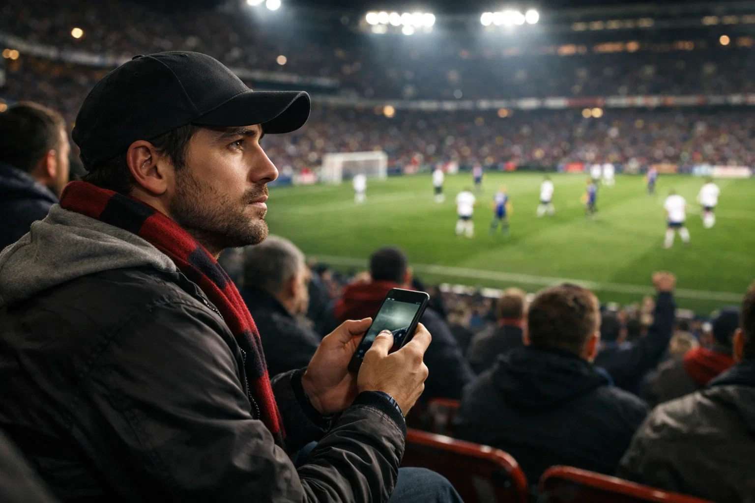 Aficionado viendo partido de fútbol en directo en estadio iluminado