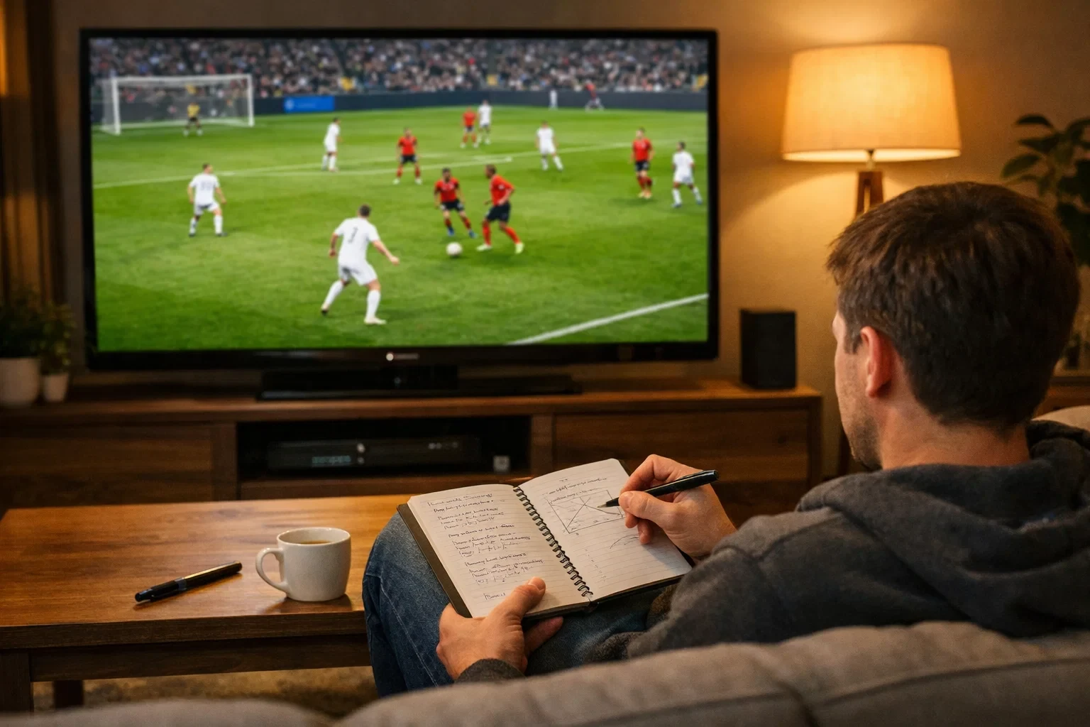 Persona observando partido de fútbol en televisión tomando notas