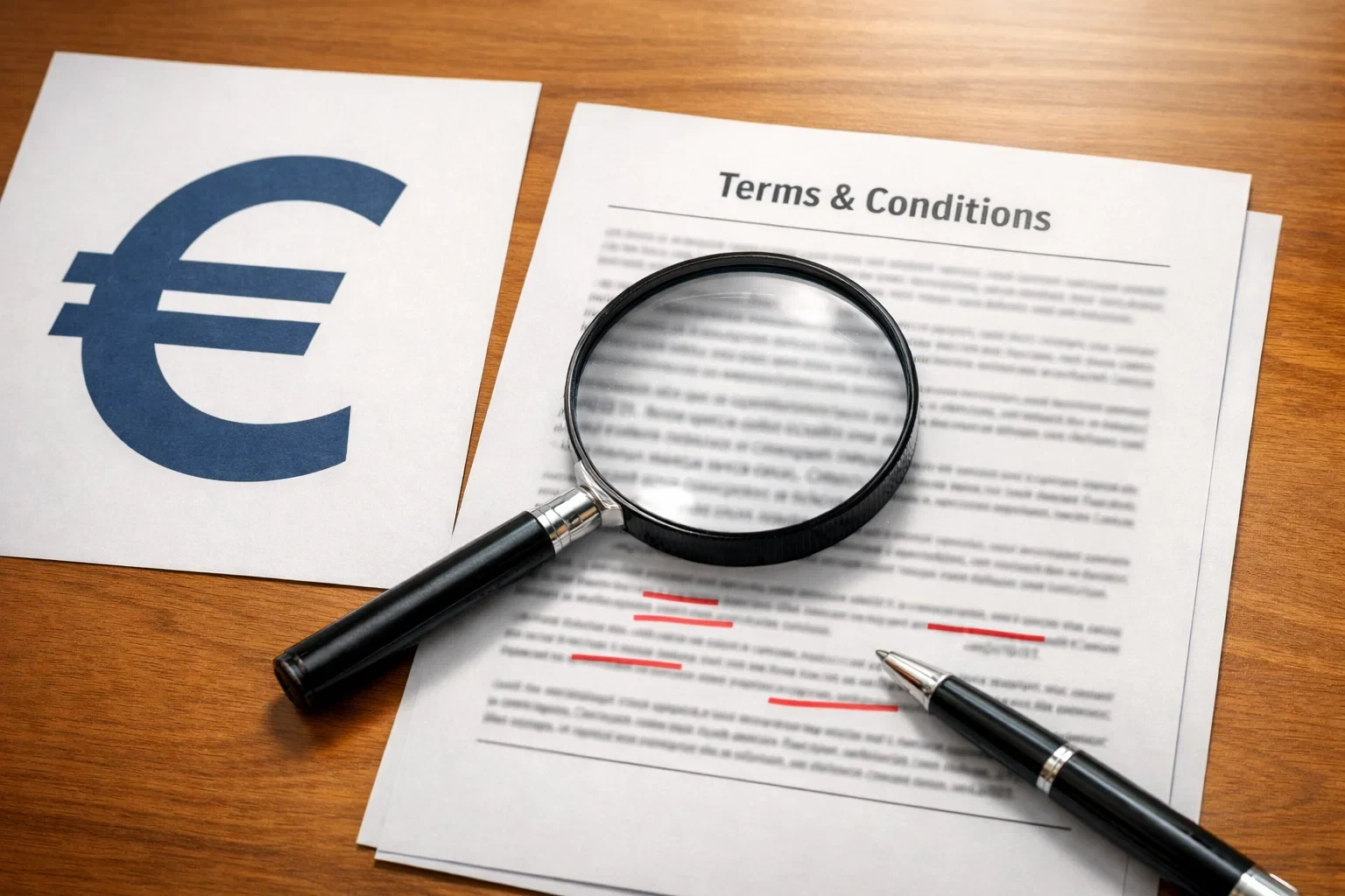 Documento con términos y condiciones junto a símbolo de euro