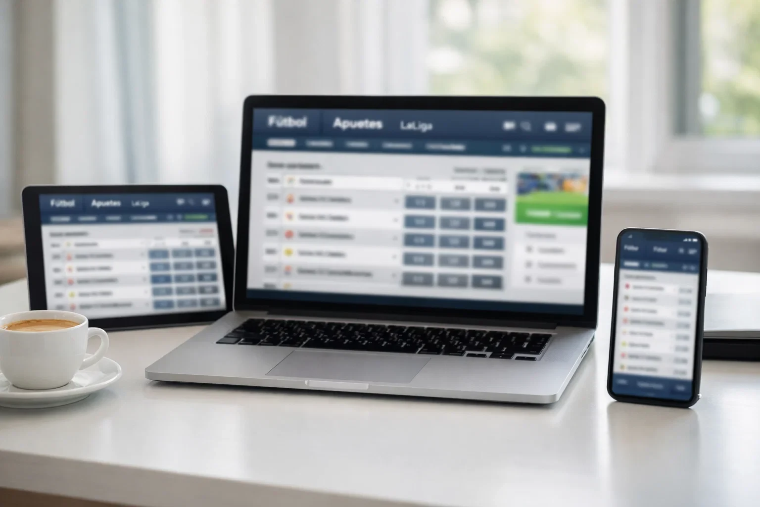 Dispositivos móviles y laptop mostrando plataformas de apuestas deportivas