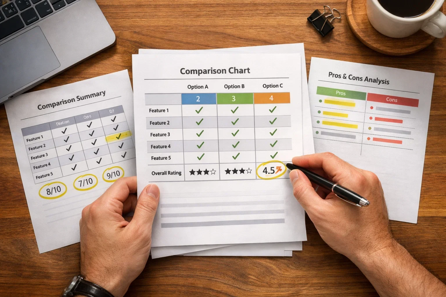 Persona comparando opciones en documentos sobre mesa de trabajo