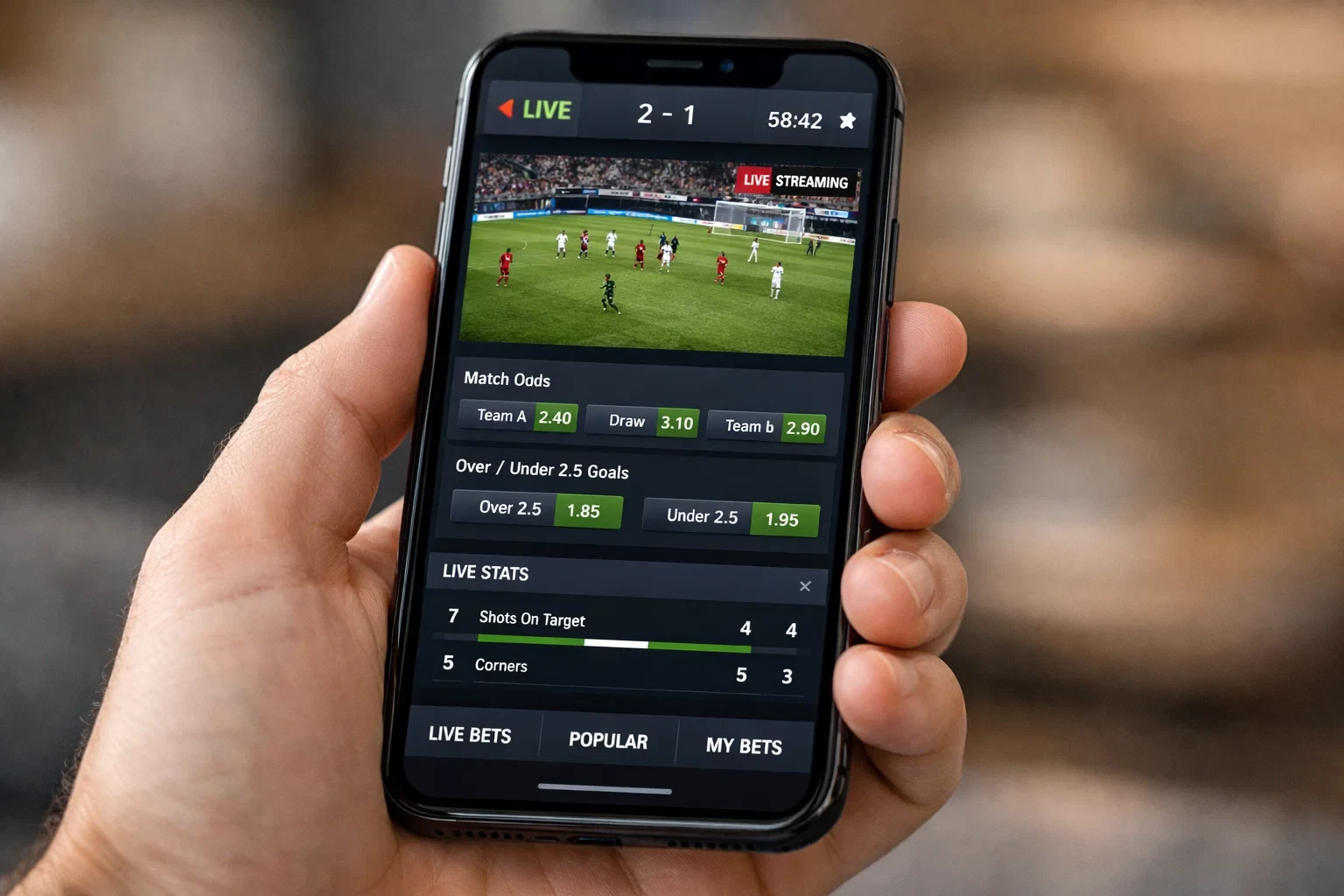Smartphone mostrando aplicación de apuestas con streaming de fútbol
