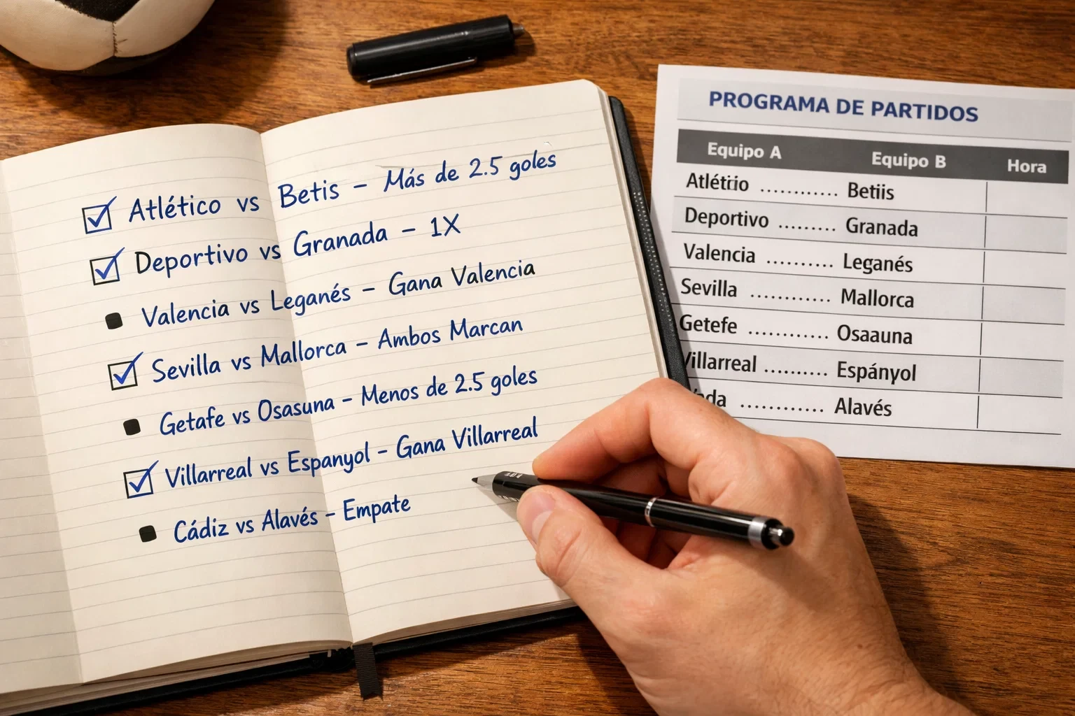 Persona escribiendo múltiples selecciones de partidos en libreta