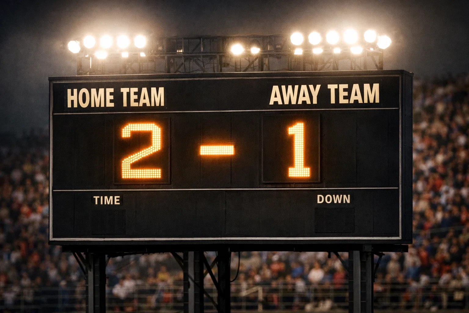 Marcador de estadio de fútbol mostrando resultado del partido