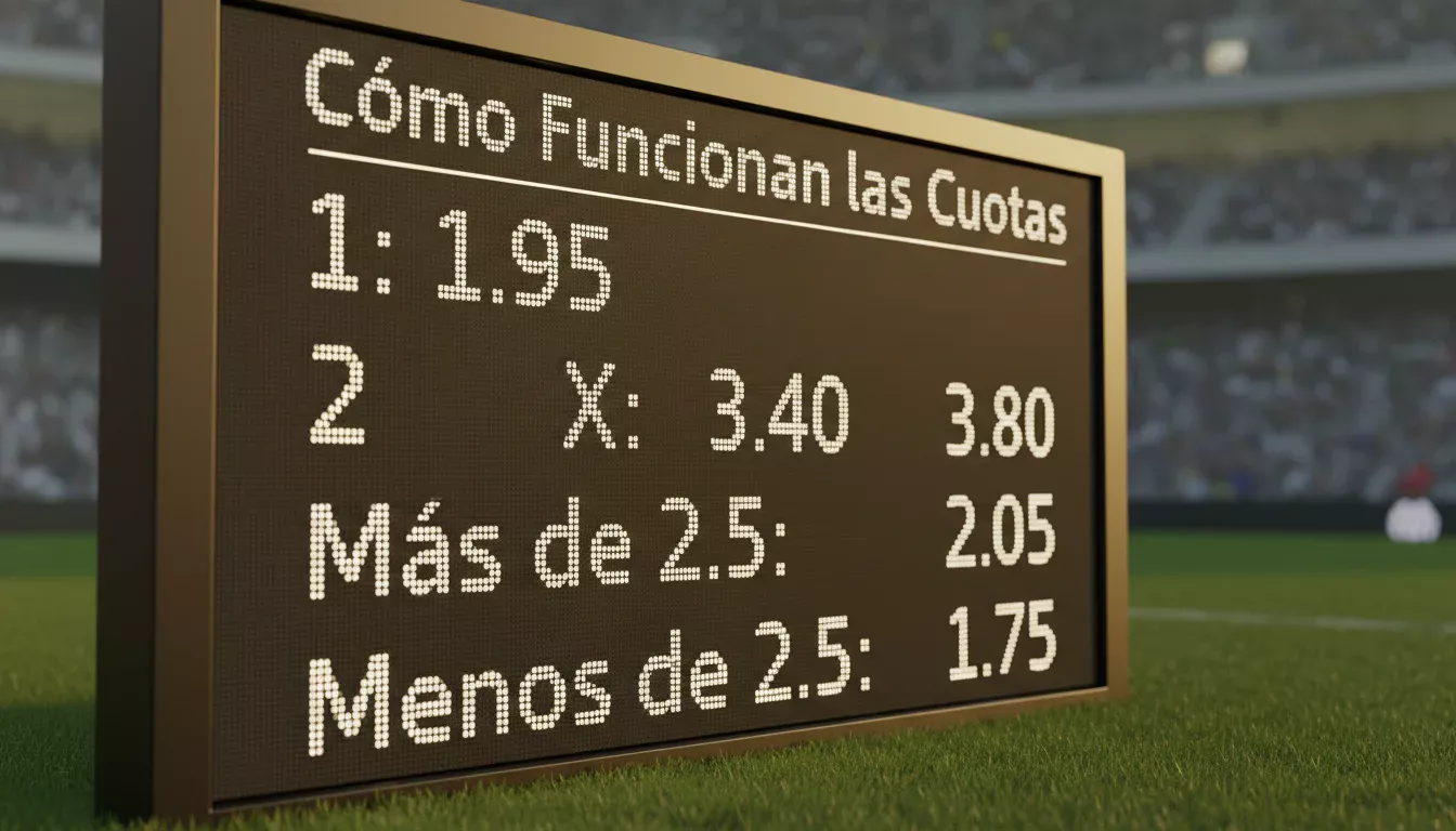 Panel de cuotas de apuestas deportivas iluminado con números sobre un fondo de campo de fútbol