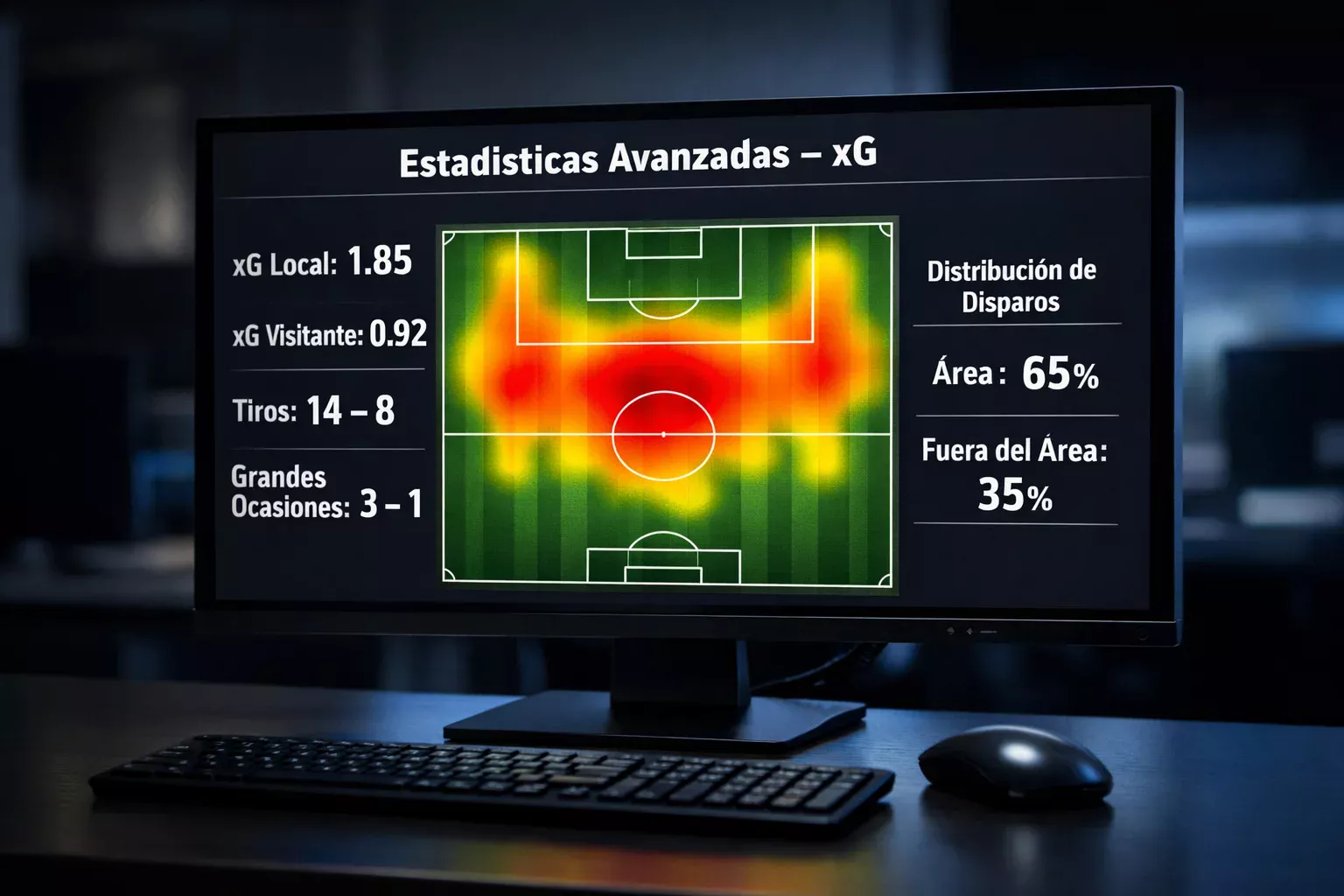 Pantalla con mapa de calor y estadísticas xG de un partido de fútbol