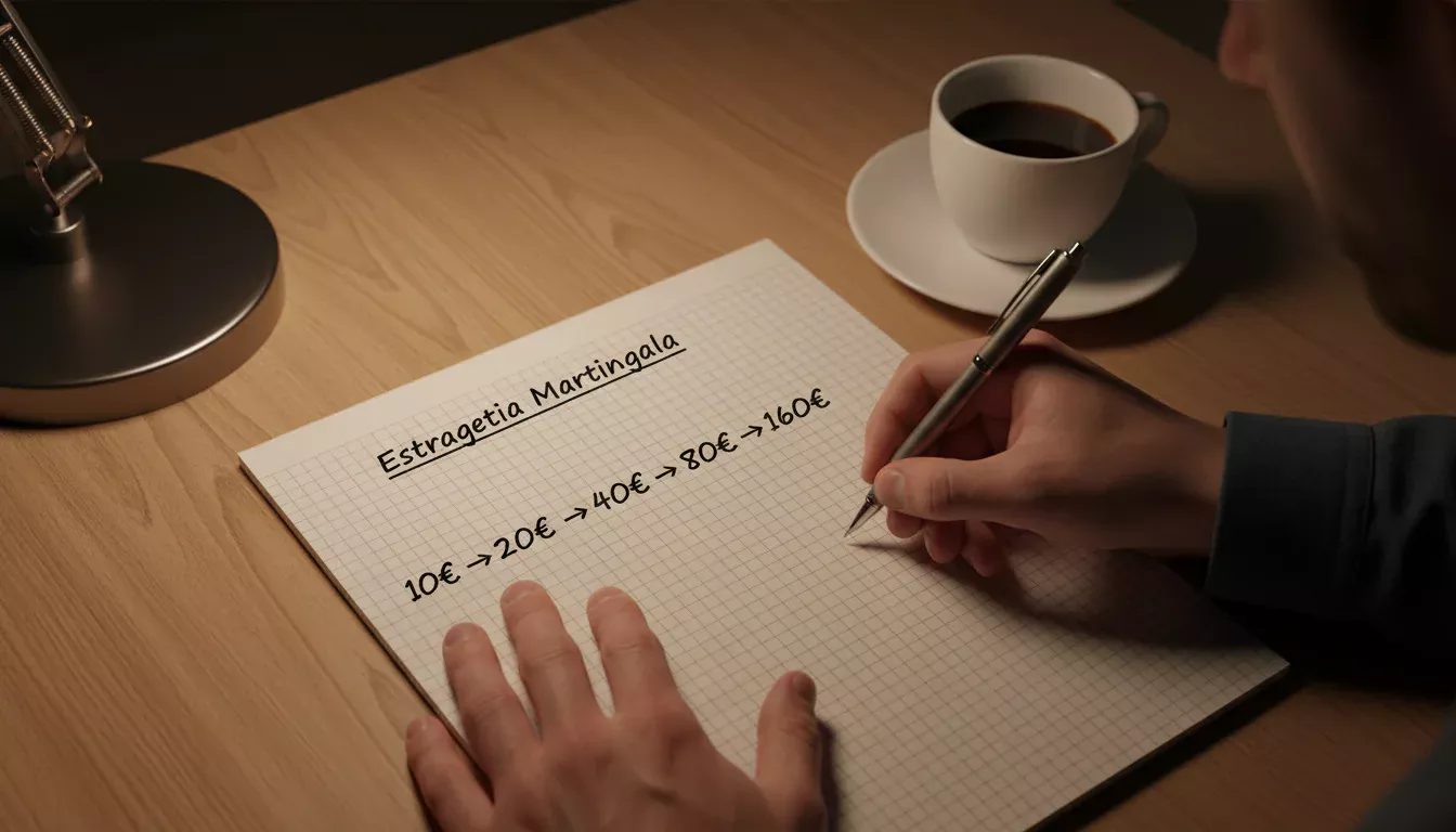 Persona analizando una progresión de apuestas escrita en un cuaderno