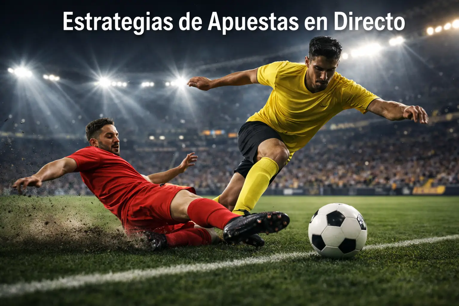 Acción de partido de fútbol con jugadores disputando el balón bajo focos del estadio
