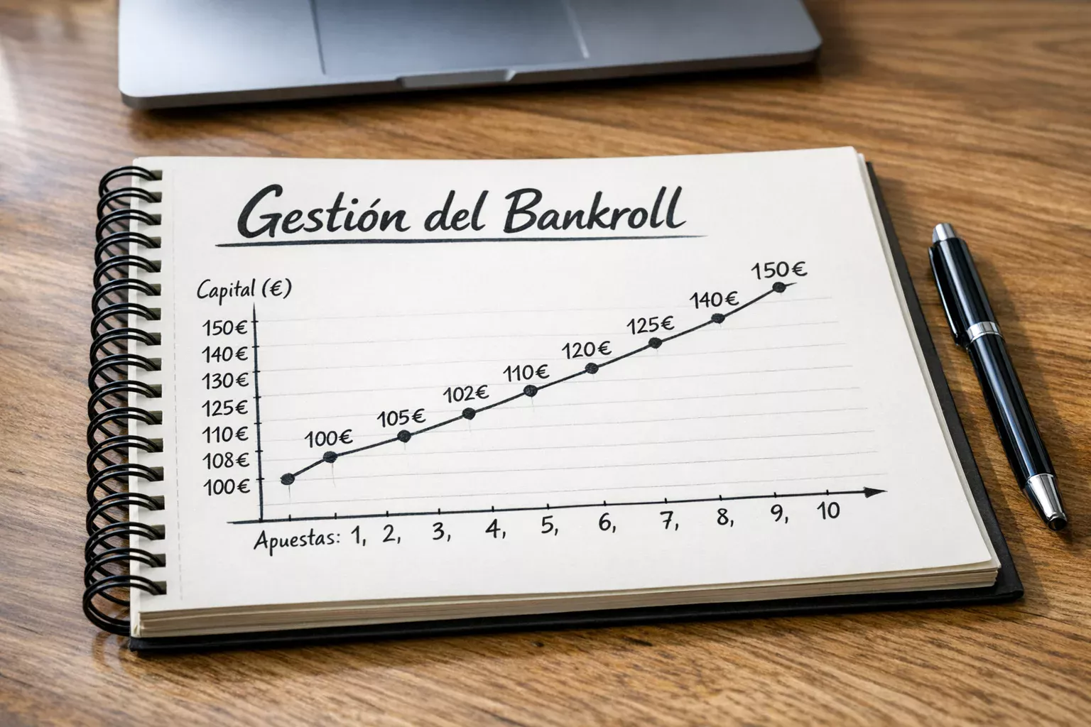 Cuaderno con gráfico de evolución del bankroll y un bolígrafo sobre un escritorio ordenado