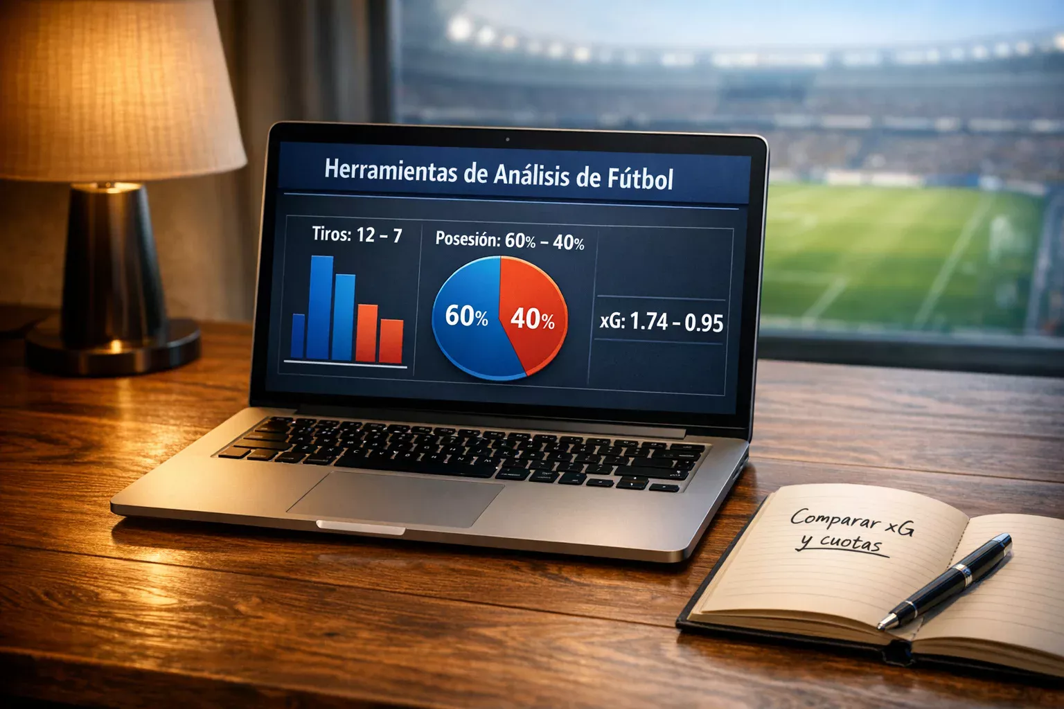 Pantalla de portátil mostrando estadísticas de fútbol con un cuaderno de análisis al lado