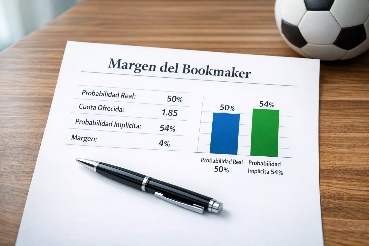 Documento con porcentajes y un bolígrafo sobre una mesa junto a un balón de fútbol